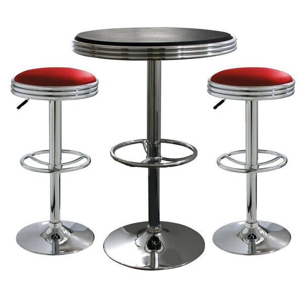 AmeriHome Vintage Style Soda Shop Chrome Bar Table Set with Red Vinyl Chairs and Black Table (3-Piece)