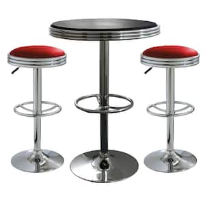3-Piece Vintage Style Soda Shop Chrome Bar Table Set with Red Vinyl Chairs and Black Table