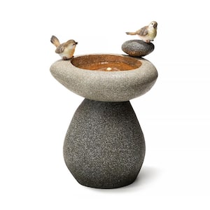 20.75 in.H Zen-Style Faux Stone Texture Birdbath Polyresin Cascade Outdoor Fountain with Birds, Pump and LED Light (KD)