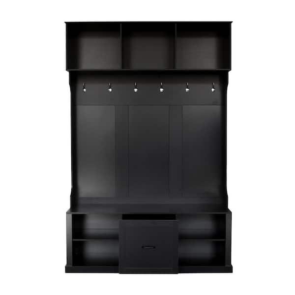 Modern 85 in. H x 57 in. W Shoe Storage Bench, 3-in-1 Hall Tree with 6-Hooks, Black