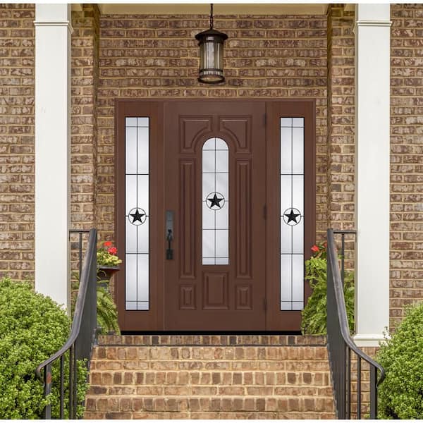Regency 68 in. x 80 in. CenterLte Alamo Glass RHIS Chstnt Mahogany Fiberglass Prehung Front Door w/14in-Full SLs 6-9/16