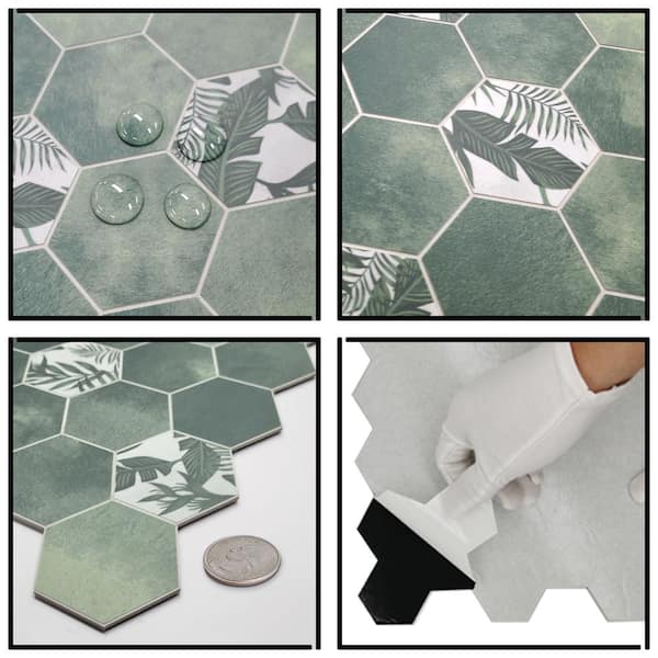 sunwings Hexagon 12.5 in. x 12.2 in. Peel and Stick Backsplash Stone Composite Wall Tile, Cement Green (10 tiles, 9.00 Sq.Ft.)