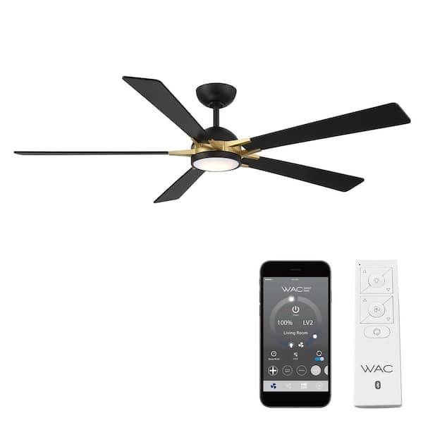 WAC Lighting Rotary 65 in. Smart Indoor/Outdoor Matte Black-Soft Brass Ceiling Fan Plus Selectable CCT Integrated LED Plus Remote