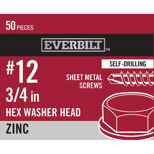 Everbilt #12 x 3/4 in. Zinc Plated Hex Head Sheet Metal Screw (50-Pack)
