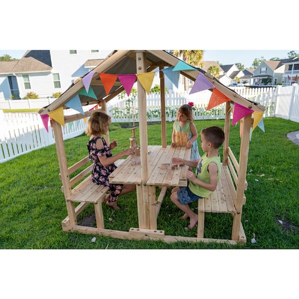 Funphix Kids Klubhouse Outdoor Indoor Wooden Playhouse, DIY Backyard Playhouse with Table and Benches
