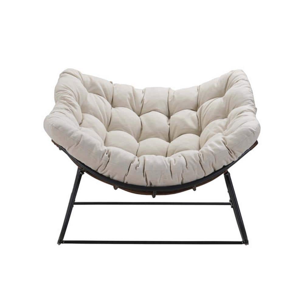 Gray Frame Metal Outdoor Rocking Chair with Light Beige Cushion For Backyar