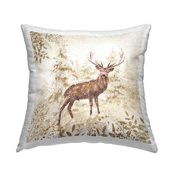 Stupell Industries Snow Covered Trees Buck Wildlife Tan Square Outdoor Throw Pillow