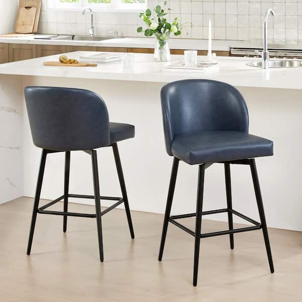 Spruce & Spring Cynthia 30 in. Blue High Back Metal Swivel Bar Stool with Faux Leather Seat (Set of 2)