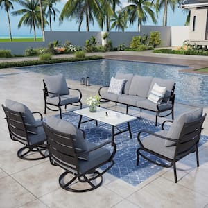 Metal Slatted 7-Seat 6-Piece Outdoor Patio Conversation Set with Gray Cushions, Table with Marble Pattern Top