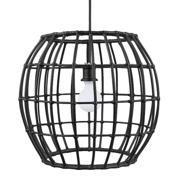 Hampton Bay Harper Hills 1-Light Black Outdoor Pendant Light with Black Resin Wicker Shade