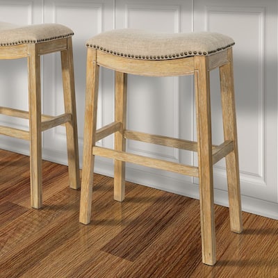 Sadie 31in. H Saddle Natural Wood Bar-Height Barstool with Cream Fabric