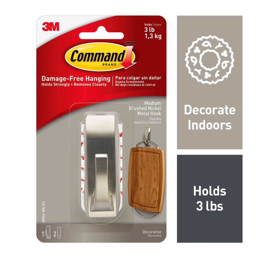 Command™ Double Hook 17036BN-VPEF, Brushed Nickel, Assorted Sizes, 3 Hooks/3  Strips/Pack