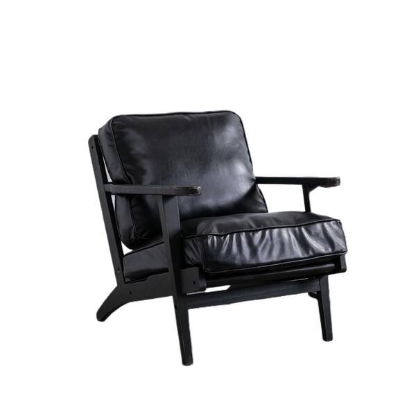 ATHMILE Black Mid-Century PU Leather Solid Wood Accent Chair with Removable Cushion (Set of 1)