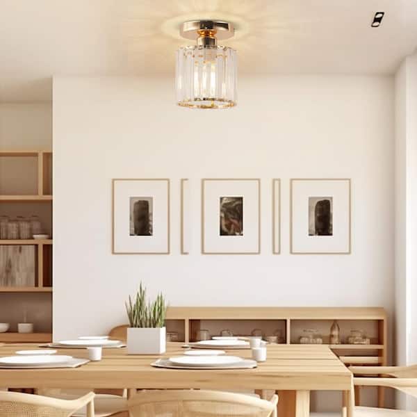5 in. 1-Light Gold Crystal Semi Flush Mount Ceiling Light, Modern Cylinder Fixture for Foyer, Closet, Entryway, Kitchen