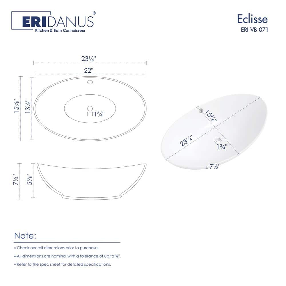 Eclisse 23" x 15" White Ceramic Oval Vessel Sink