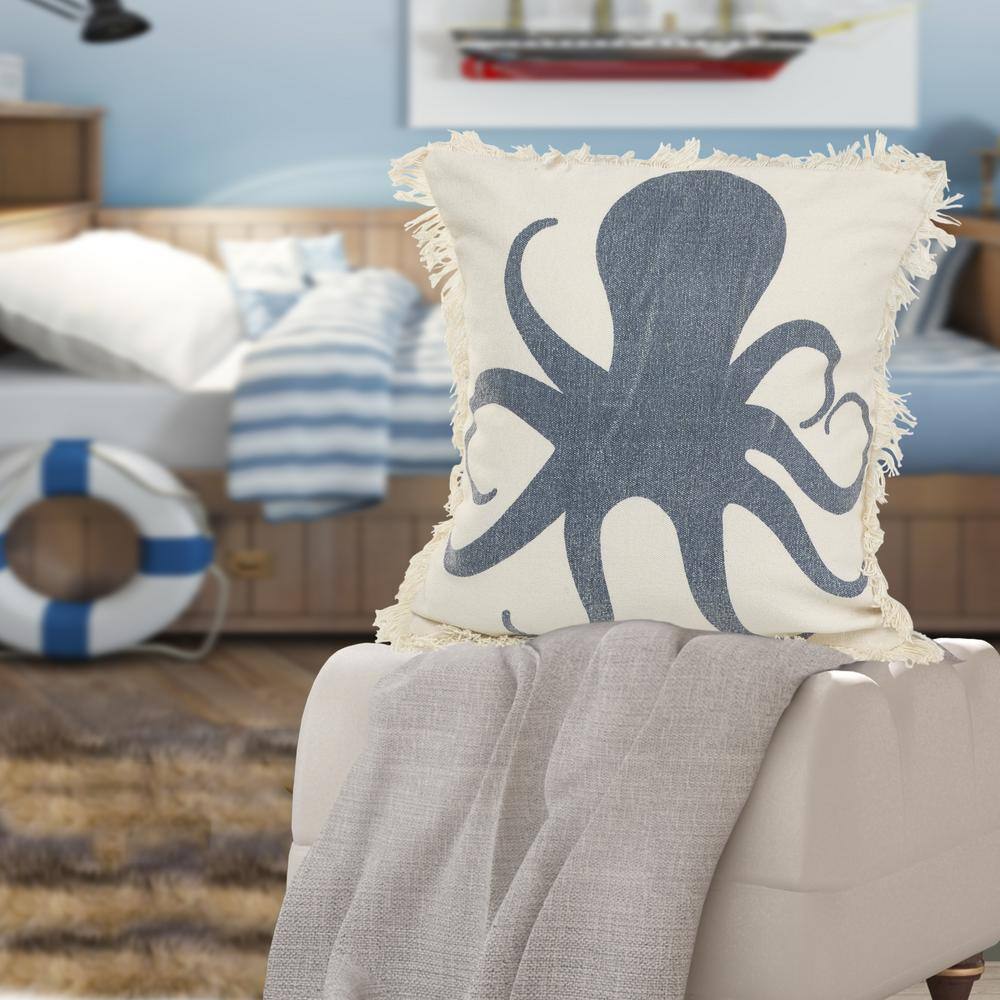 Coastal Blue Octopus Fringed Square Cotton Pillow