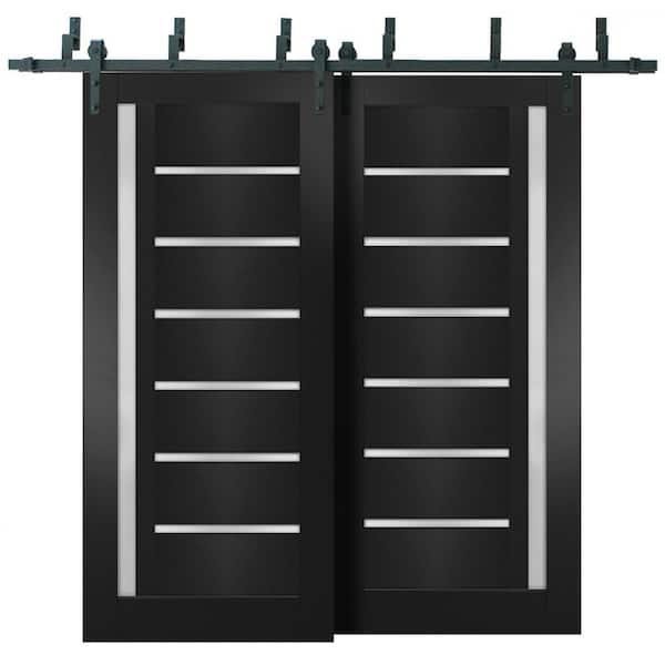 Sartodoors 48 in. x 80 in. 2 Panel Frosted Glass Black Matte Solid MDF Sliding Barn Door with Hardware Kit