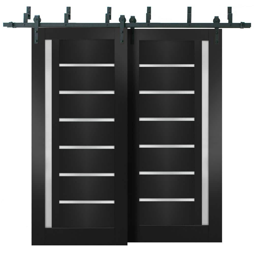 56 in. x 80 in. 2 Panel Frosted Glass Black Matte Wood Sliding Barn Door with Hardware Kit price history on PriceWatchPro