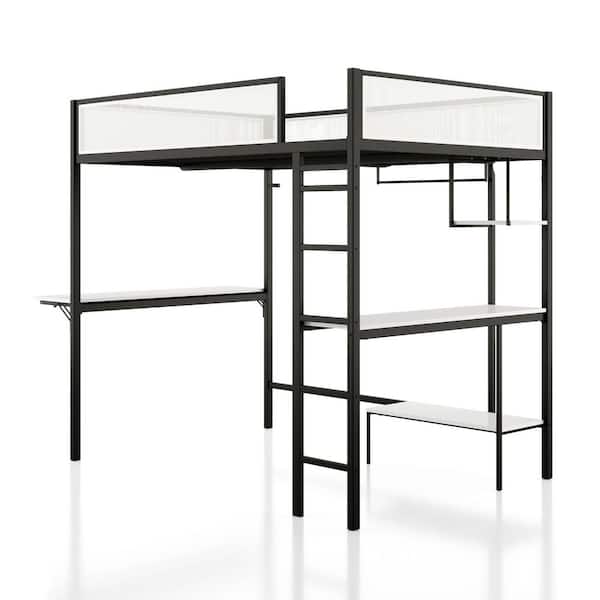 Nogren White/Black Full Metal Loft Bed With Two Desks and Patented Noise Reduction Slat Design