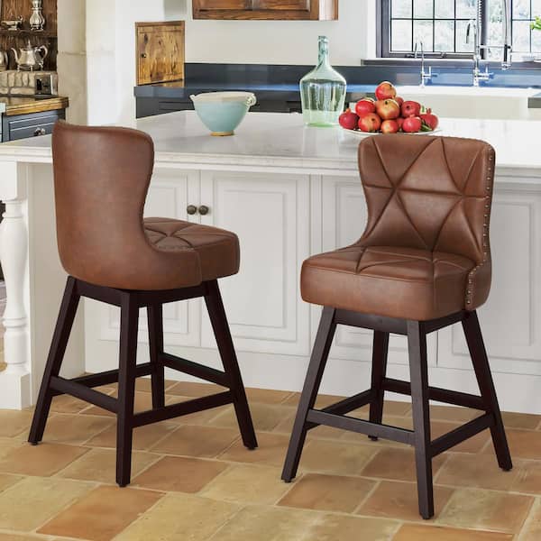 OrangeOne Hampton 26 in. Whiskey Brown Solid Wood Frame Counter Stool with Faux Leather Upholstered Swivel Bar Stool Set of 2