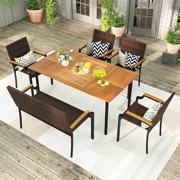 6 Pieces Outdoor Dining Set with Acacia Wood Tabletop, 1.97 in. Umbrella Hole for Deck