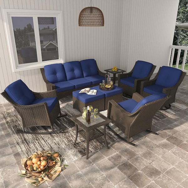 9-Piece Wicker Patio Set with Blue Cushions, Sofa, Rocking Chairs, Swivel Chairs, Ottomans, and Table