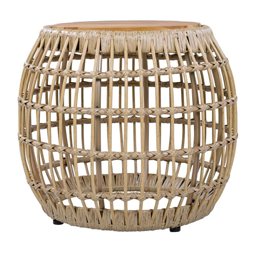 16 in. Light Brown Acacia Wood Round Outdoor Patio Side Table with Handwoven Wicker Drum Base price history on PriceWatchPro