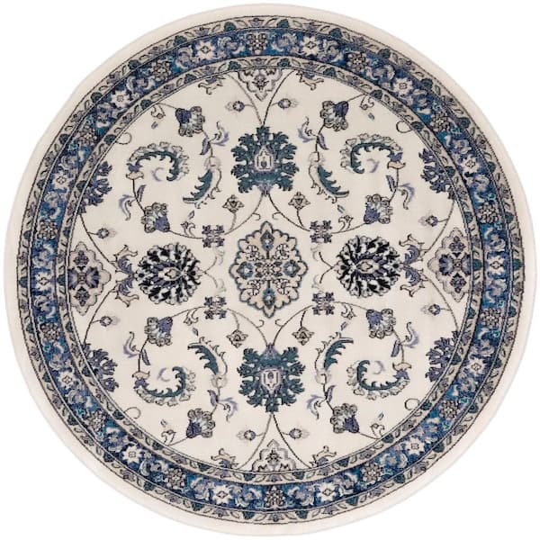Essentials Ivory Blue 4 ft. x 4 ft. Center medallion Traditional Round Area Rug