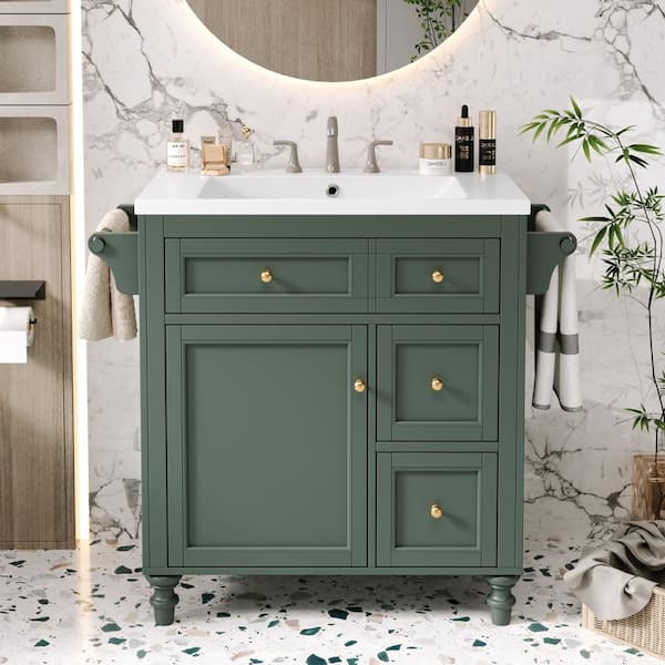 EPOWP 30 in. W x 18 in. D x 34 in. H Single Sink Freestanding Bath Vanity in Green with White Resin Top and Storage
