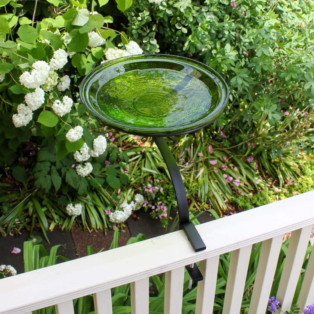 Fern Green Crackle Glass Birdbath with Rail Mount Bracket
