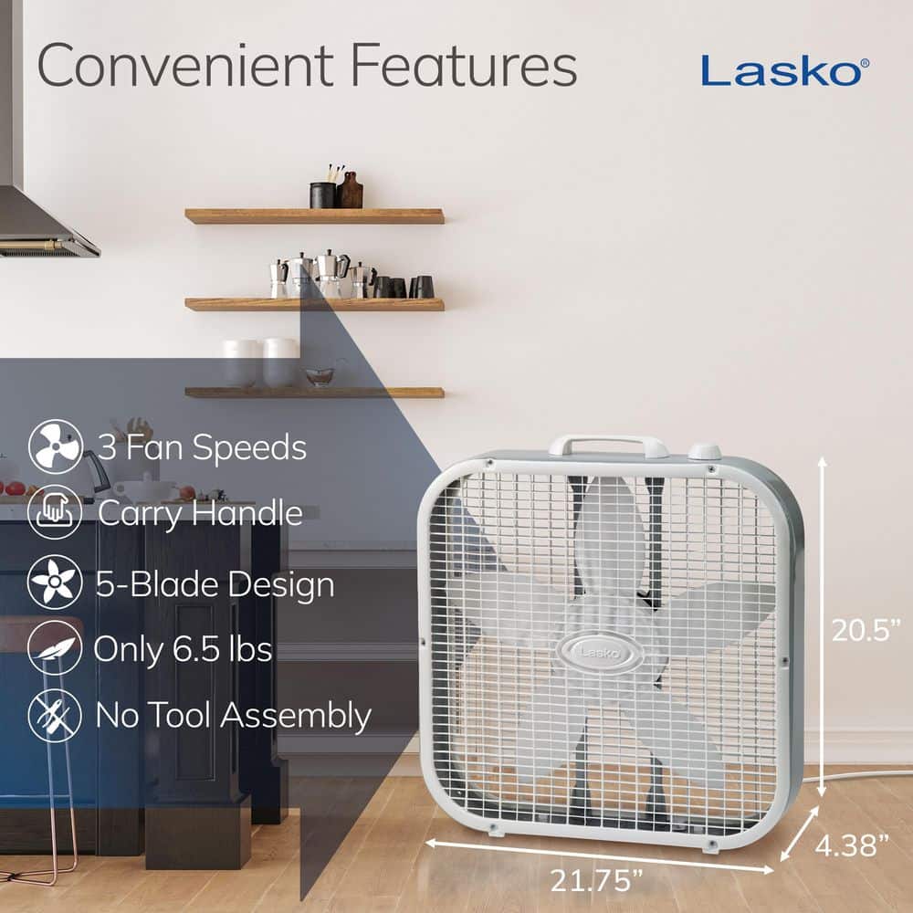 White 20" Plastic Box Fan with Three Speeds