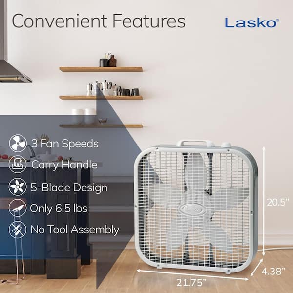 Lasko - 20 in. 3 Speed Air Circulating Box Fan for Home in White with Save Smart Technology, 1820 CFM and Carry Handle