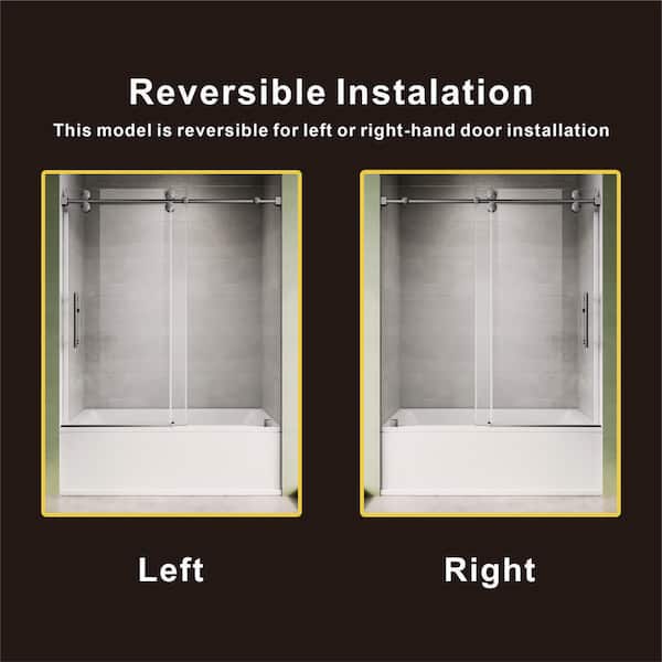 UKS04 56 to 60 in. W x 66 in. H Sliding Frameless Bathtub Door in Stainless Steel with 3/8" SGCC Opti-White Clear Glass