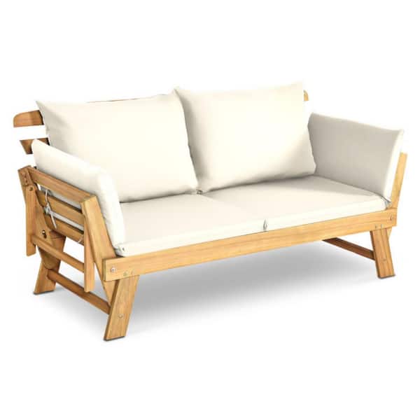 Clihome Adjustable Acacia Wood Beach Chair Patio Convertible Sofa with White Cushions