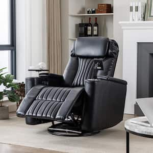 Home Theater Power Swivel Recliner in Black with Hidden Arm Storage and LED Light Strip,Cup Holder,Swivel Tray Table