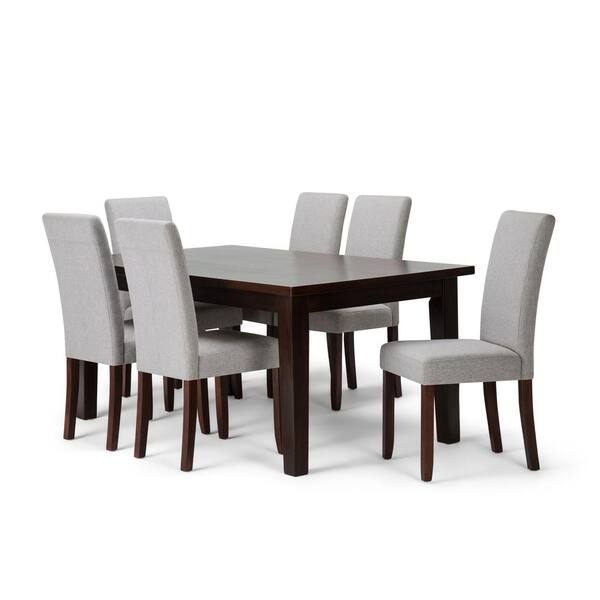 Simpli Home Ezra Contemporary 7 Pc Dining Set with 6 Upholstered Dining Chairs in Fawn Brown Linen Look Fabric and 66 inch Wide Table 