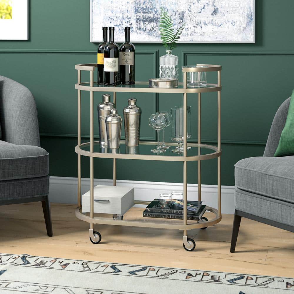 Evelyn&Zoe Satin Nickel Oval Bar Cart with Tempered Glass Shelves