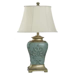 Magonia 28.5 in. Antique Ocean Blue Table Lamp with Off-White with Trim Fabric Shade