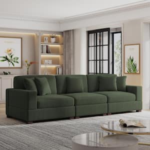 117 in. Square Arm 3-piece Corduroy Upholstered 3-Seats Sectional Sofa in. Green with Five Pillows