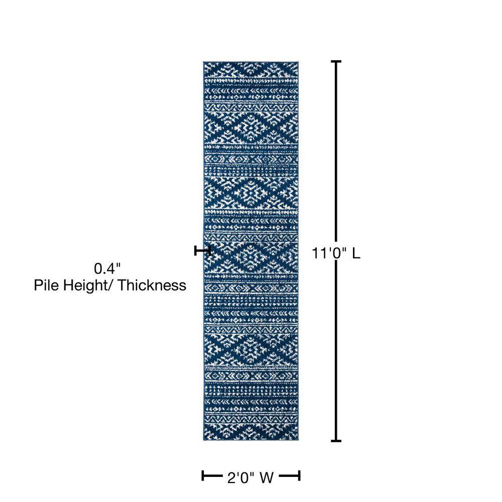 Ivory and Navy Geometric Hand-knotted Runner Rug