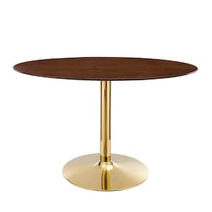 Verne 48 in. Oval Dining Table Walnut Wood Top with Gold Metal Base