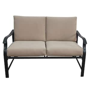 Black Frame Metal Outdoor Loveseat with Table and Beige Cushions