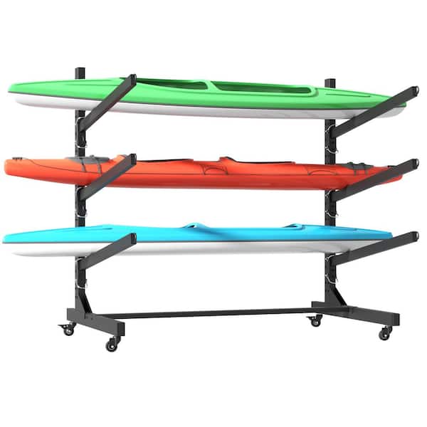 Black 41 in. H Heavy-Duty Steel Adjustable Height Freestanding Storage Rack with Lockable Wheels, Holds 3 Kayaks