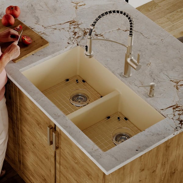 Karran QU-810 Quartz/Granite 32 in. Double Bowl 50/50 Undermount Kitchen Sink in Bisque with Bottom Grid and Strainer