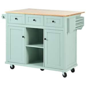 Mint Green Wood 53.1 in. Kitchen Island, Kitchen Cart with Rubber Wood Drop-Leaf Countertop, 5 Wheels and 3-Drawers