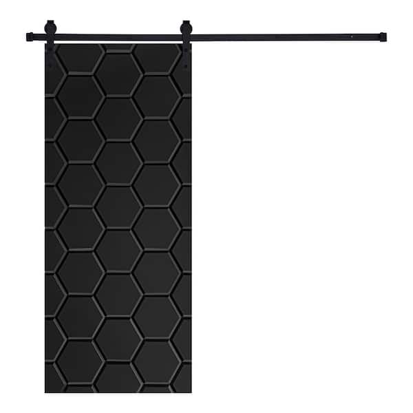 AIOPOP HOME Modern Honeycomb Designed 96 in. x 36 in. MDF Panel Black Painted Sliding Barn Door with Hardware Kit