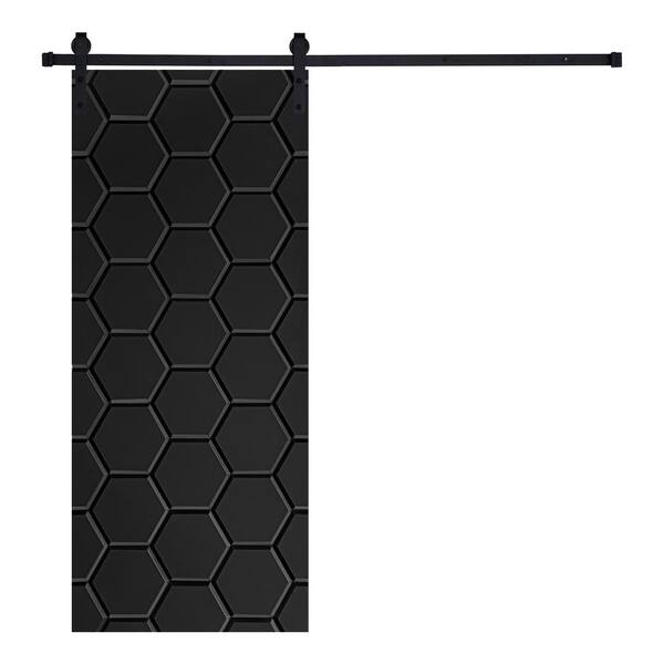AIOPOP HOME Modern Honey Comb Designed 80 in. x 32 in. MDF Panel Black Painted Sliding Barn Door with Hardware Kit