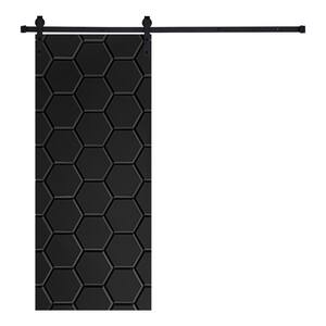 Modern Honeycomb Designed 84 in. x 28 in. MDF Panel Black Painted Sliding Barn Door with Hardware Kit
