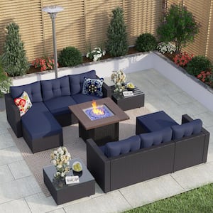 Black Rattan Wicker 6 Seat 7-Piece Steel Outdoor Fire Pit Patio Set with Blue Cushions and Square Fire Pit Table