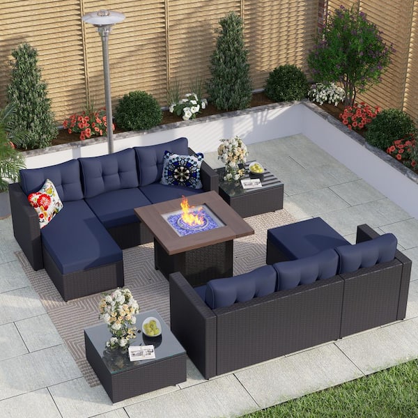 PHI VILLA Black Rattan Wicker 6 Seat 7-Piece Steel Outdoor Fire Pit Patio Set with Blue Cushions and Square Fire Pit Table